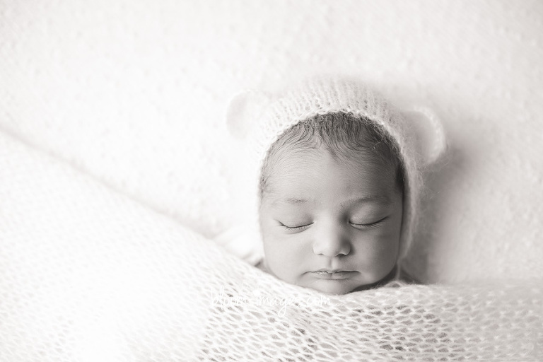 Newborn Baby Photography in Washington DC and Northern VA face close up in b&w