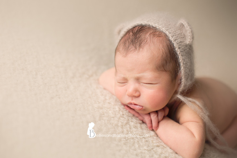 Newborn baby pictures in Northern VA baby in bear hat